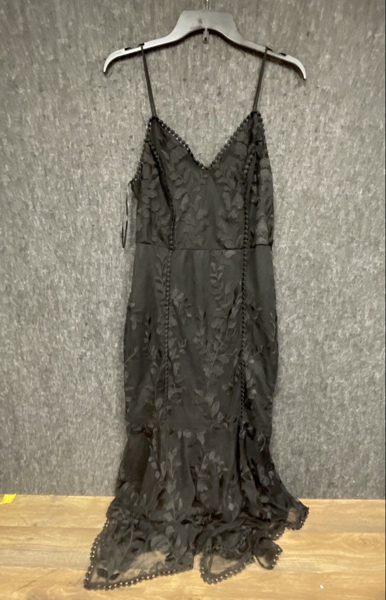 Banjul Women's Black Floral Embroidered Mesh Pom Pom Trim Mermaid Dress