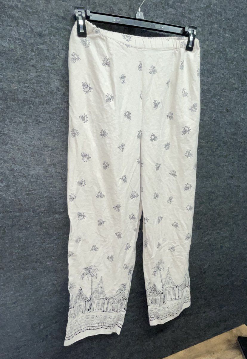 Coldwater Creek Women's Cream Tropical Pineapple Beach Print Linen Blend Pants M