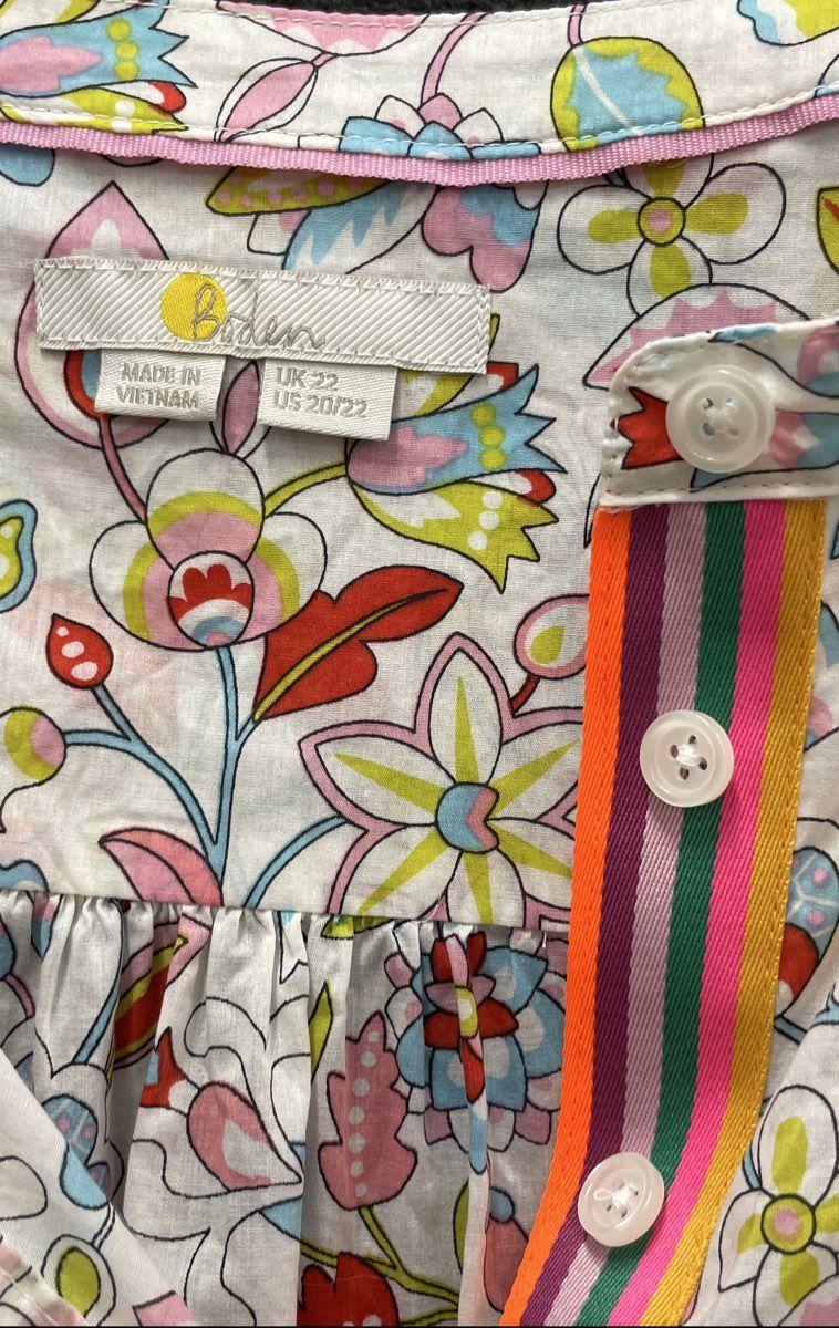 Boden Women's Multicolor Floral Cotton Split Neck Blouse Striped Trim Sz 20/22