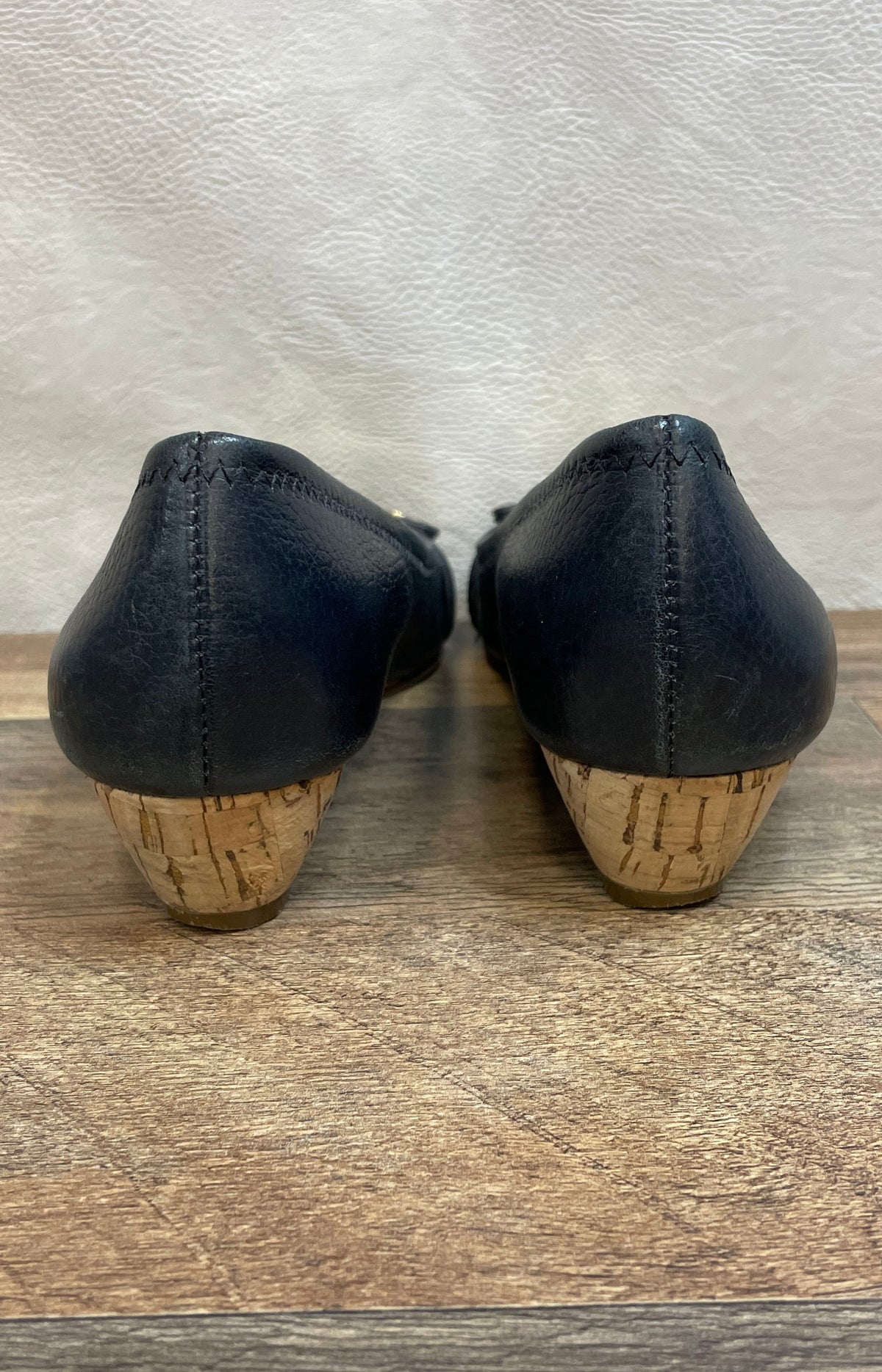 Tory Burch Navy Blue Leather Sally Peep Toe Cork Wedge Heels Size 7M