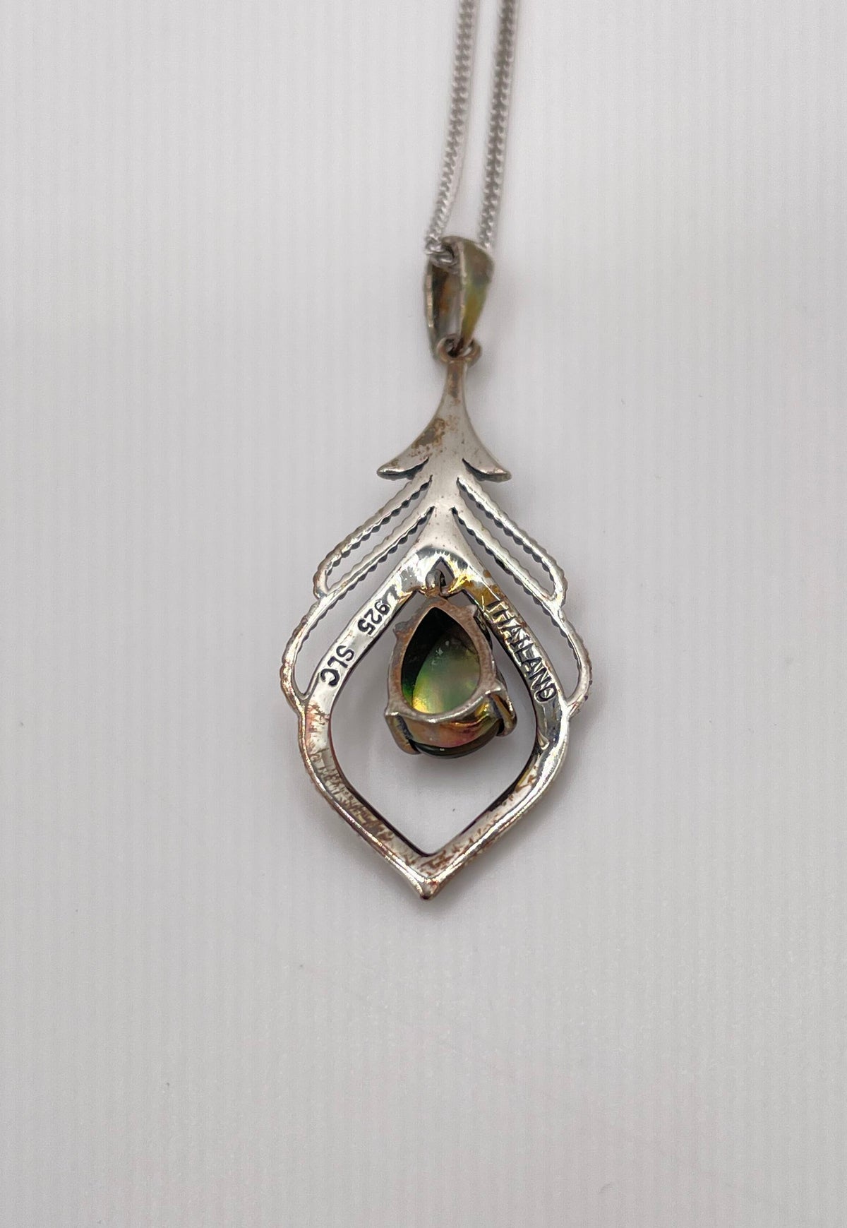 925 Sterling Silver Marcasite & Abalone Pendant Necklace 3.1g