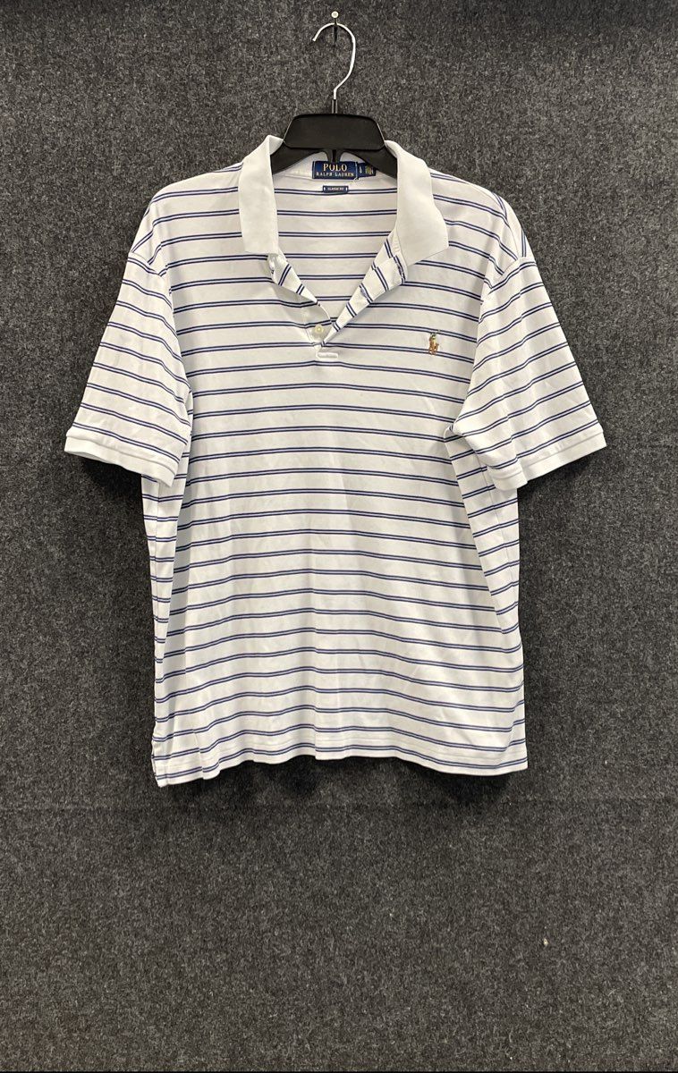 Polo Ralph Lauren Men's White Blue Striped Short Sleeve Classic Fit Polo Sz L