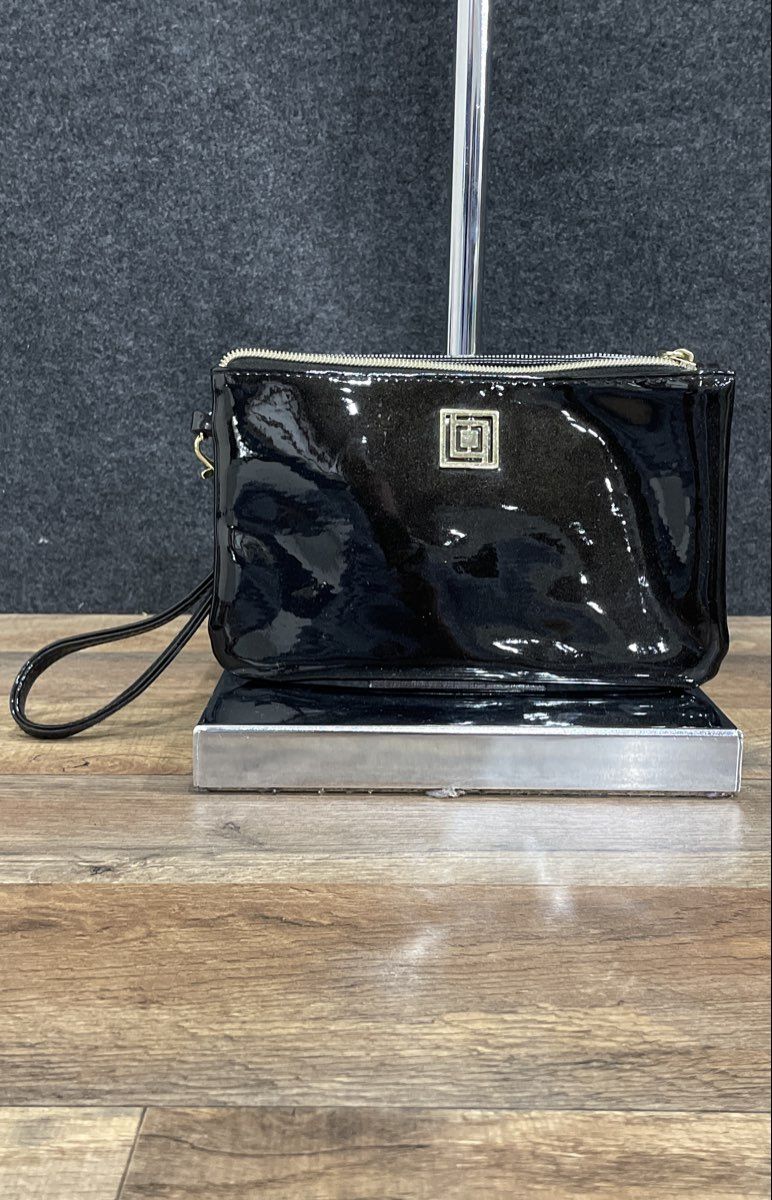 Liz Claiborne Black Latex Money Bag Wristlet Pouch with Interior Charger