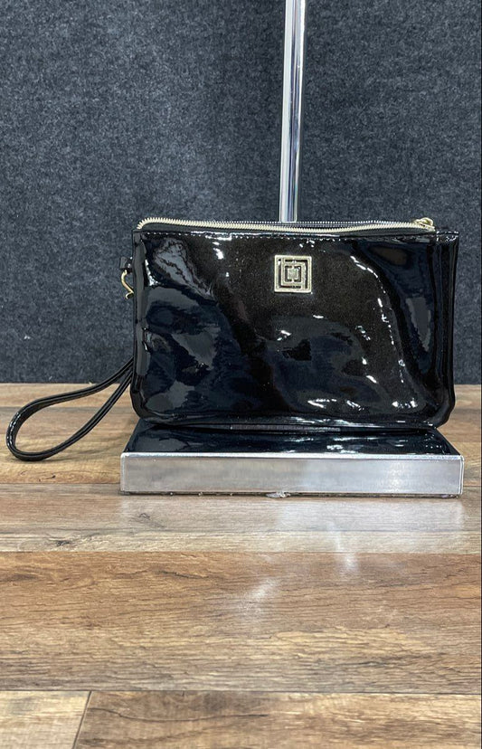 Liz Claiborne Black Latex Money Bag Wristlet Pouch with Interior Charger