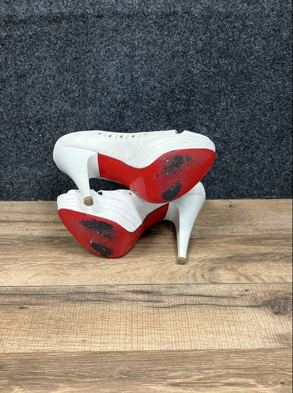 Christian White Leather Peep Toe Laser Cut Platform Pumps Size 35