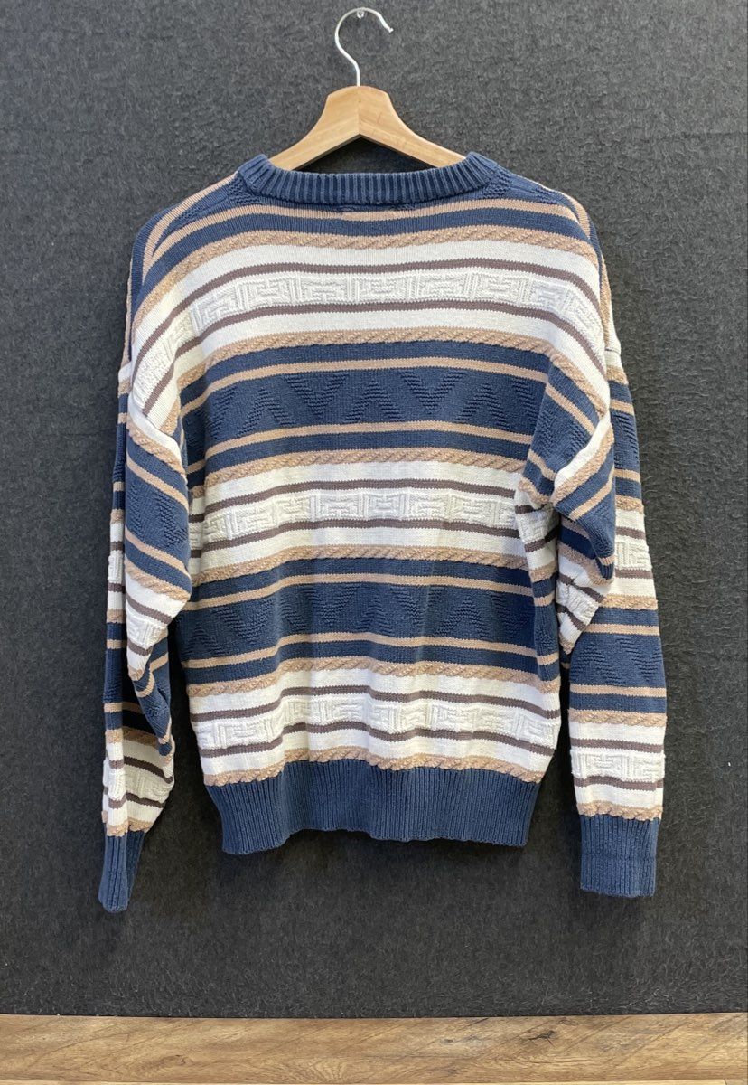 Vintage 90s Brian MacNeil Men's Blue Striped Cotton Crewneck Sweater Size M