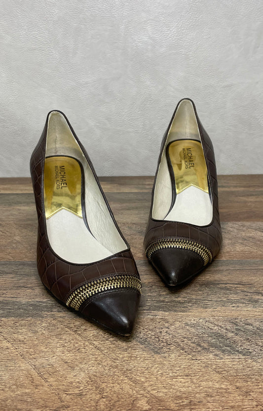 Michael Kors Dark Brown Croc Embossed Zipper Pointed Toe Pumps Heels Size 8.5 M