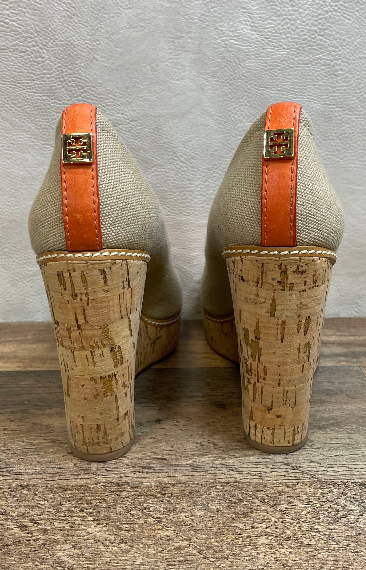 Tory Burch Canvas Orange Leather Toe Cork Platform Wedge Heels Size 7M