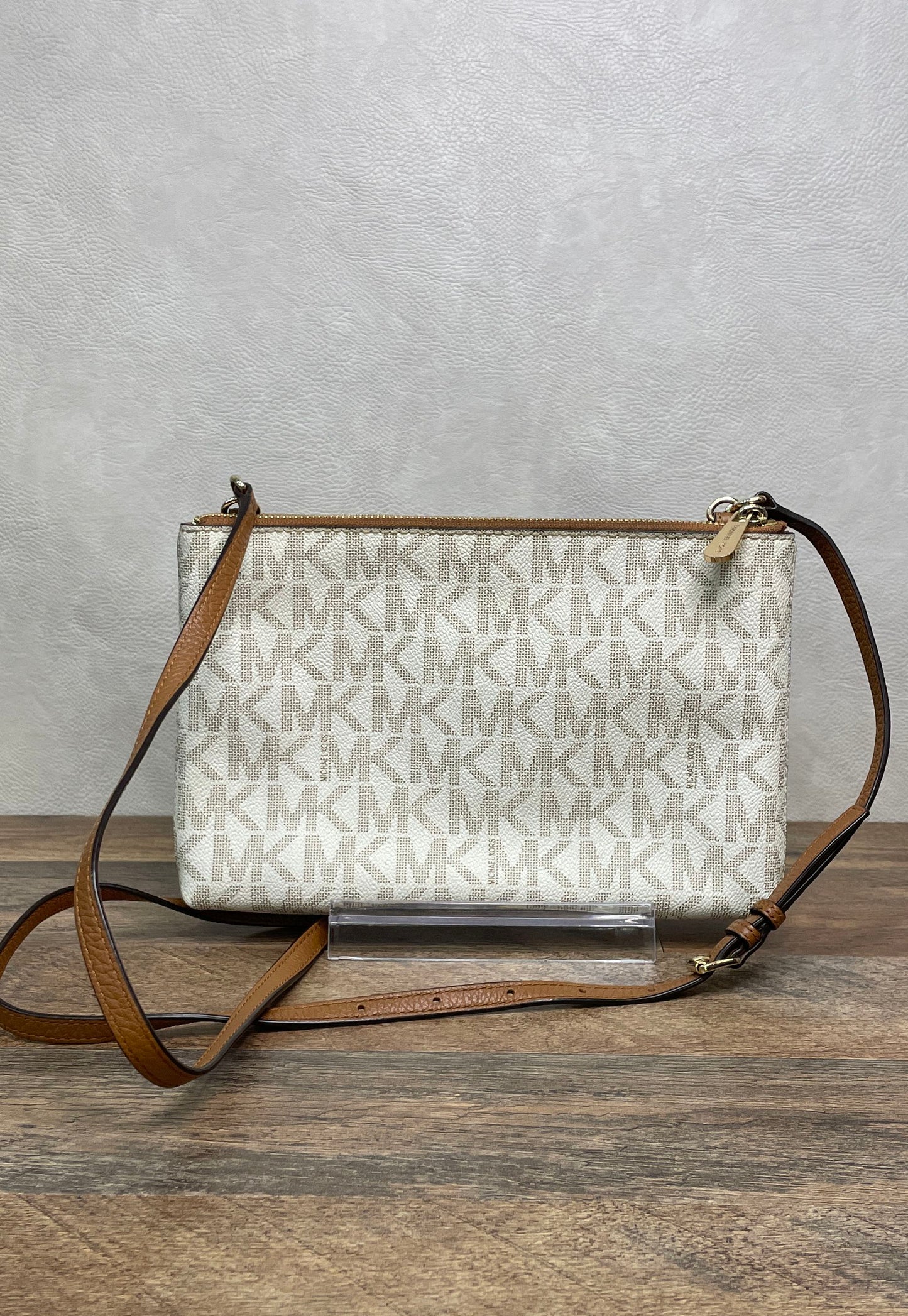 Michael Kors Brown Pebbled Leather Monogram Crossbody Bag Gold Hardware