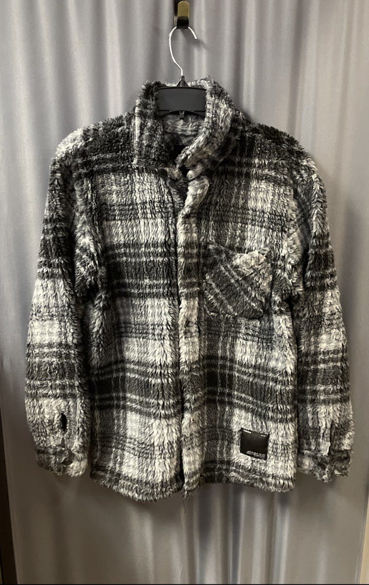 Pull & Bear Men's Grey Black Plaid Fleece Button Up Shirt Jacket Relaxed Sz S