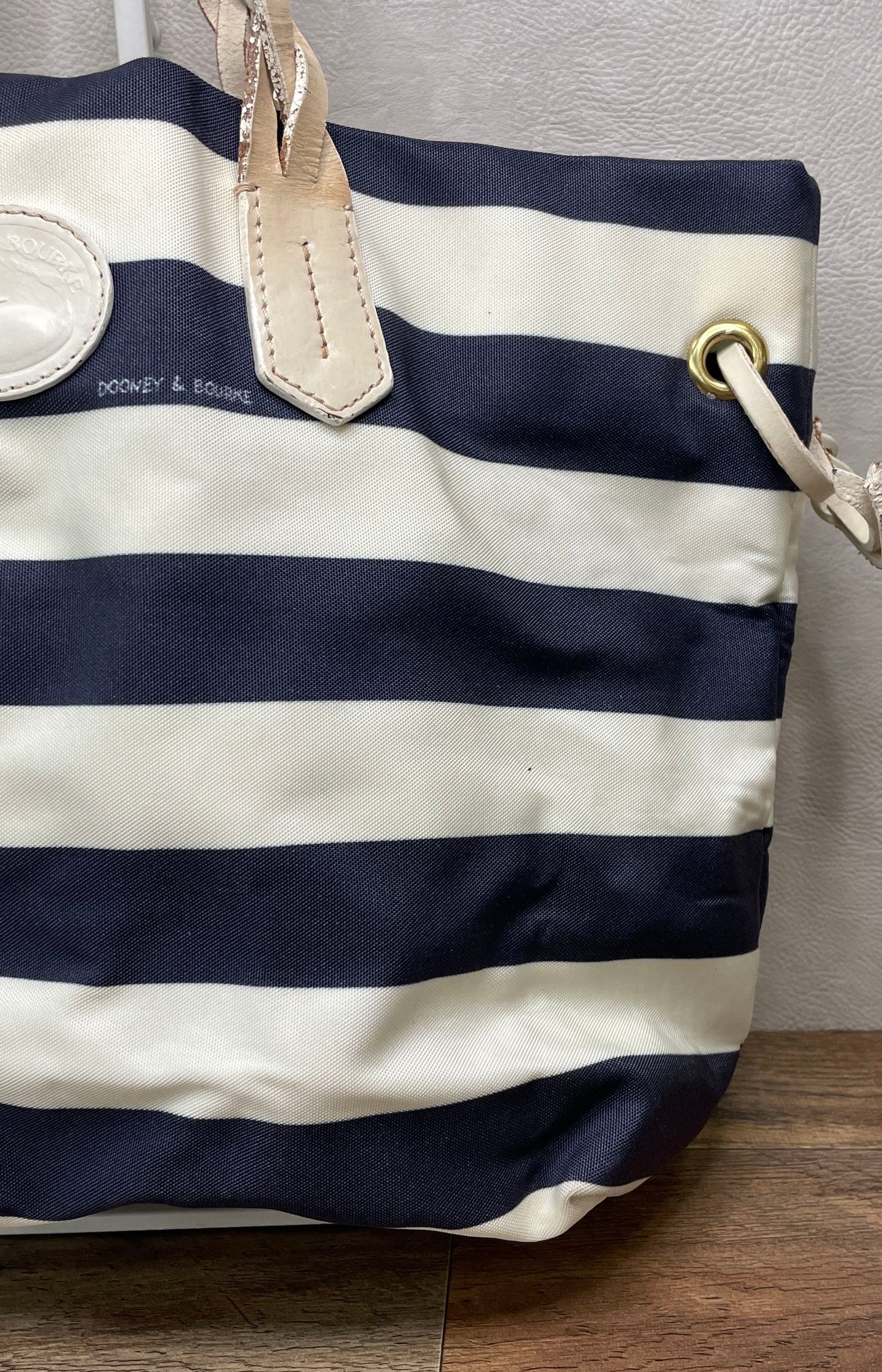 Dooney & Bourke Navy White Striped Canvas Tote Bag Braided Leather Handles
