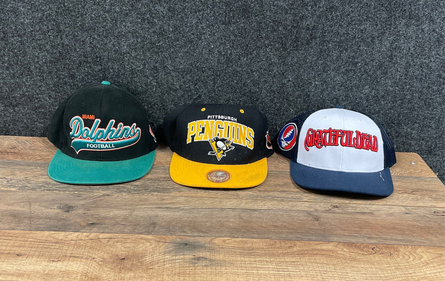 Lot 3 Mitchell & Ness NFL Dolphins NHL Penguins Grateful Dead Snapback Hats