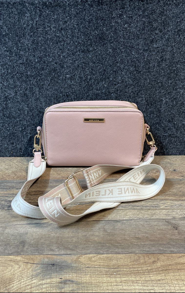 Anne Klein Pink Pebbled Triple Compartment Crossbody Bag Gold Webbing Strap