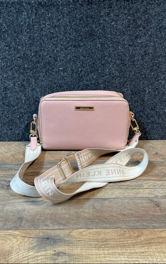 Anne Klein Pink Pebbled Triple Compartment Crossbody Bag Gold Webbing Strap