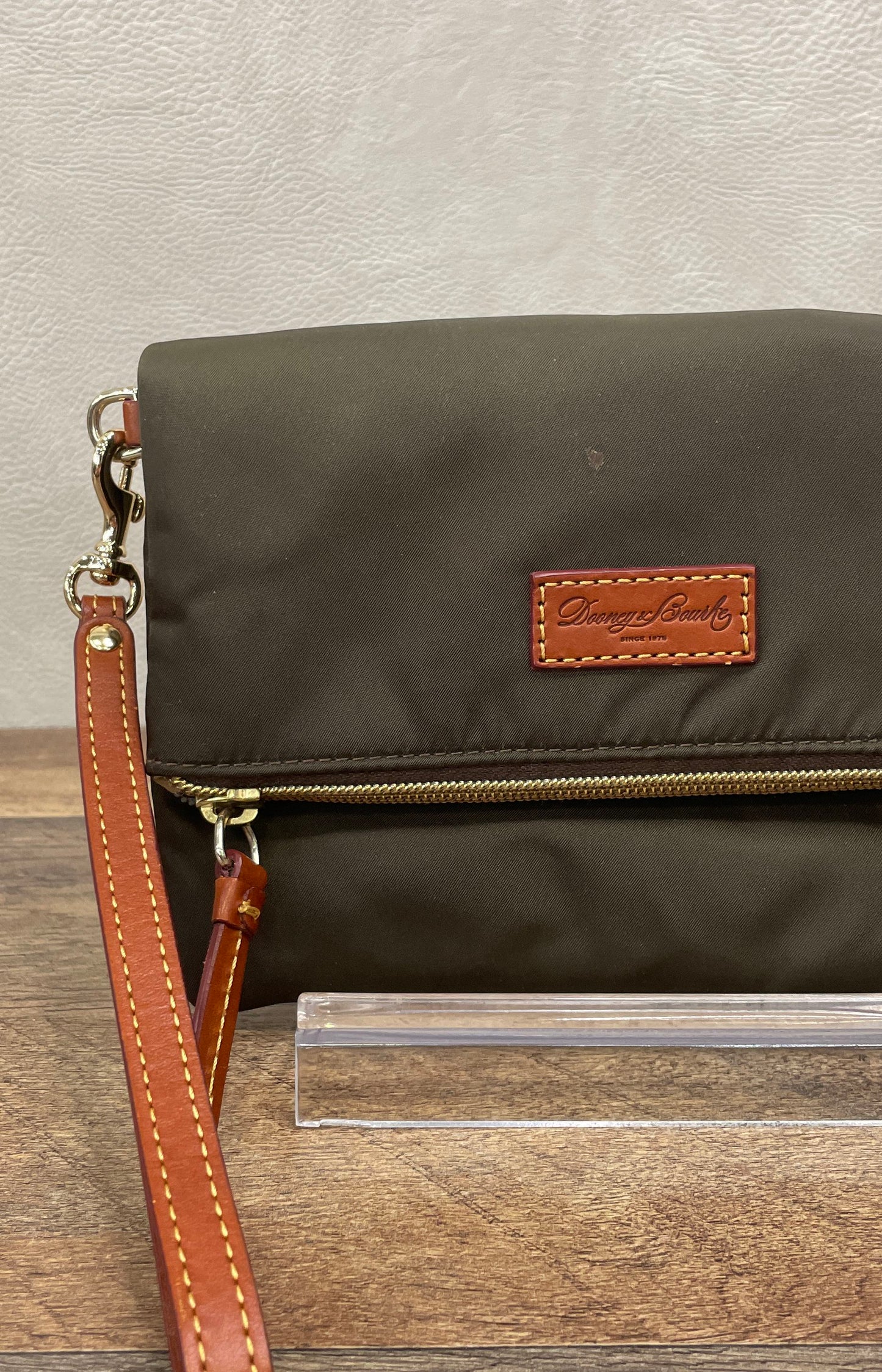 Dooney & Bourke Brown Nylon Leather Trim Wristlet Pouch Bag Gold Hardware