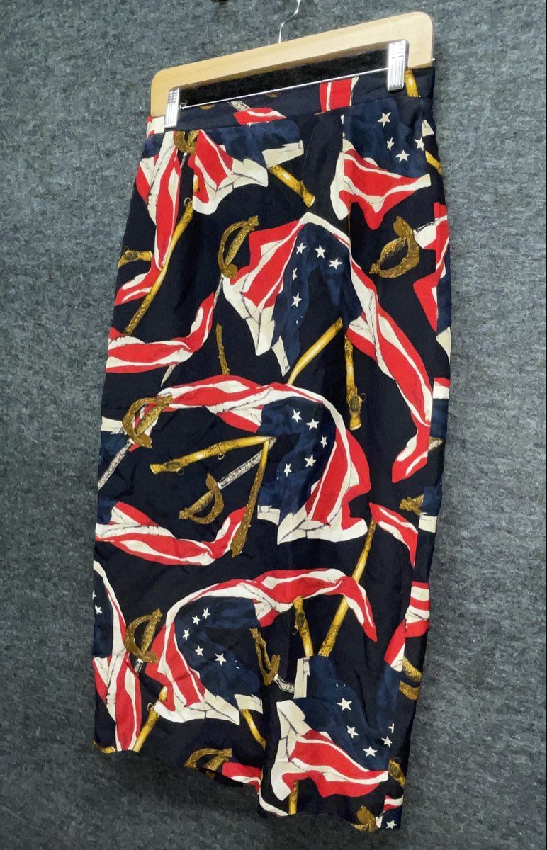 Vintage 90s Jones New York Women's Navy Silk Flag Saber Print Wrap Skirt Sz 10