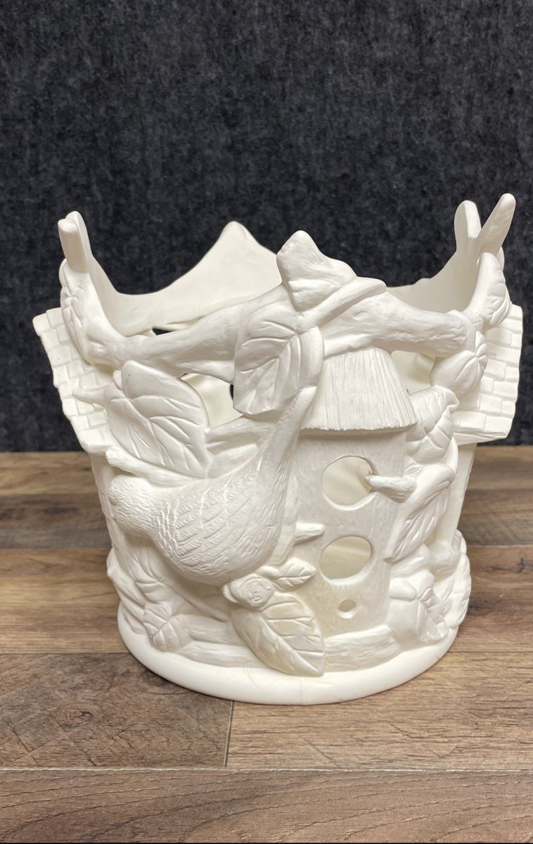 Vintage Bisque Ceramic Votive Candle Holder Birdhouse Birds Branches Openwork