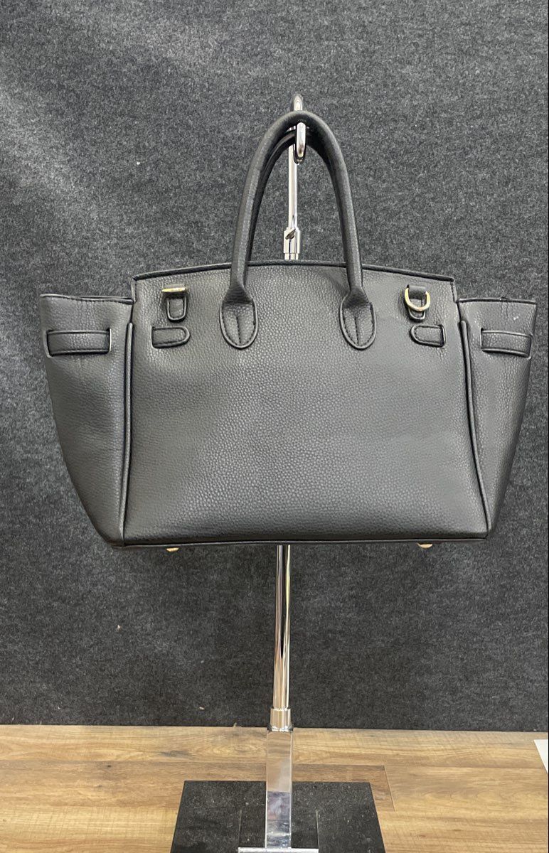 Unbranded Black Pebbled Faux Leather Satchel Tote Bag Gold Hardware