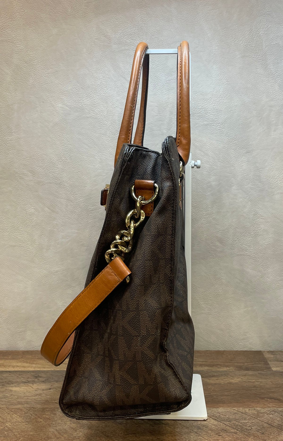Michael Kors Brown Monogram Hamilton Large Satchel Tote Bag Gold Hardware