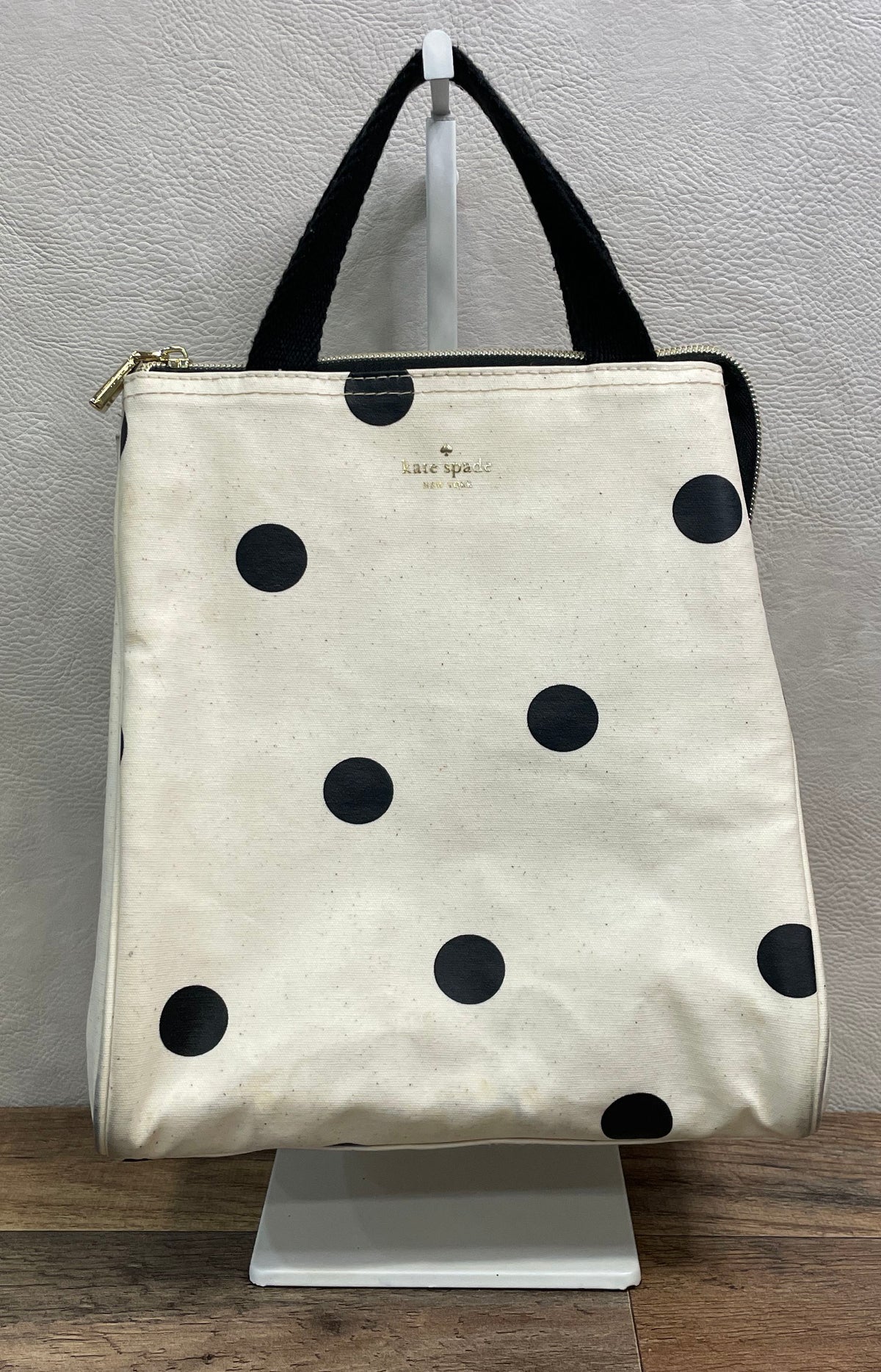 Kate Spade White Leather Polka Dot Insulated Lunch Bag Tote Gold Hardware