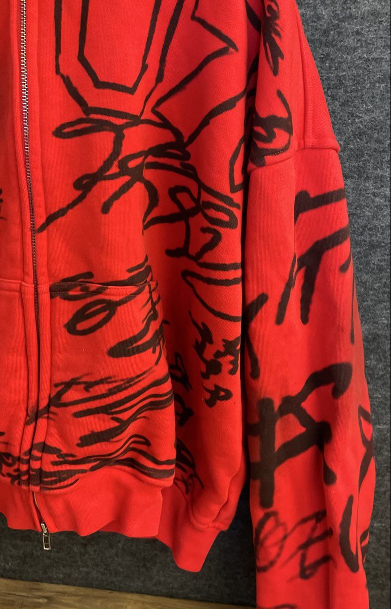 Men's Red Graffiti Graphic Distressed Full Zip Hoodie Sweatshirt Size M