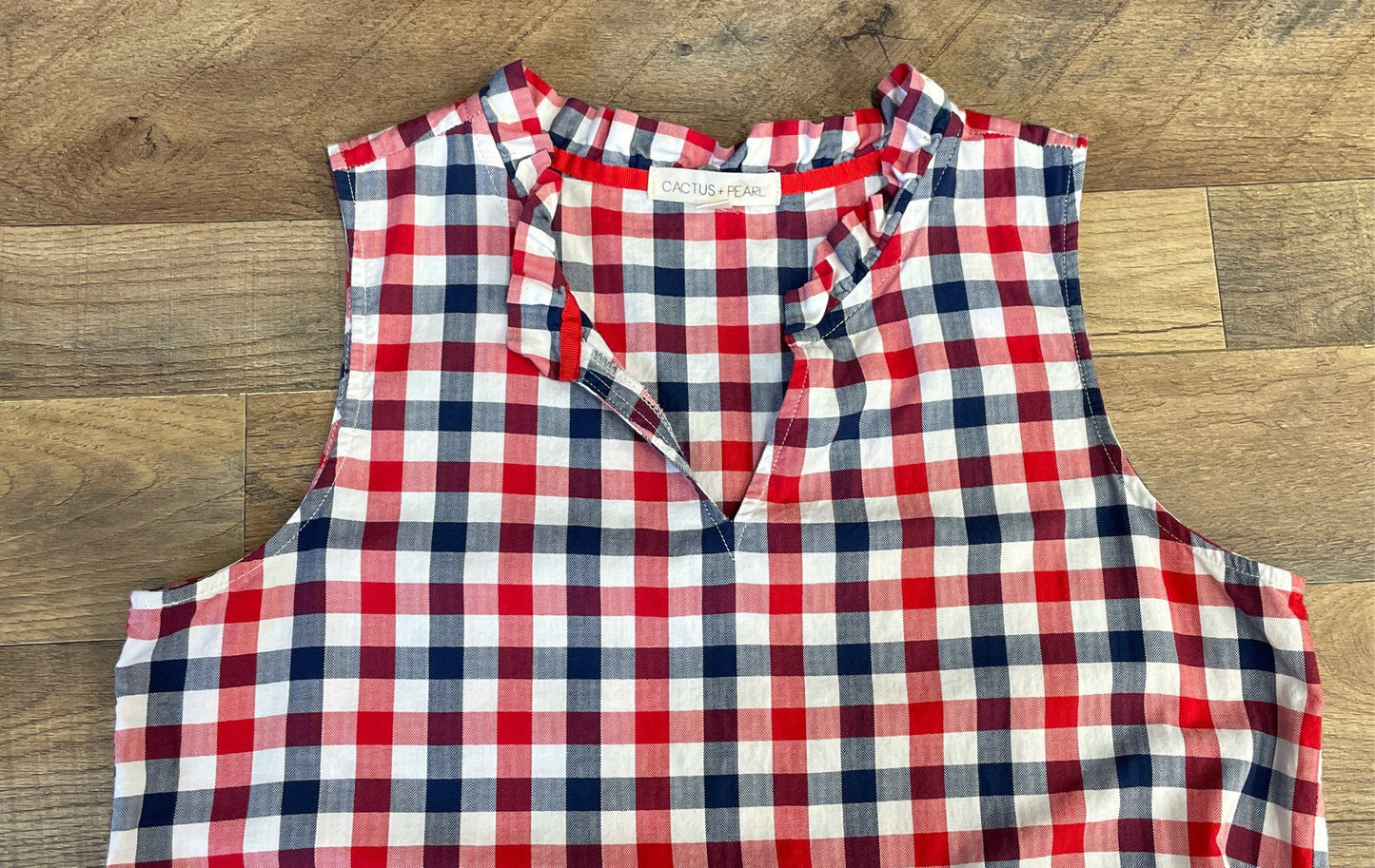 Cactus + Pearl Women's Red Blue White Gingham Plaid Tiered Cotton Dress Sz M