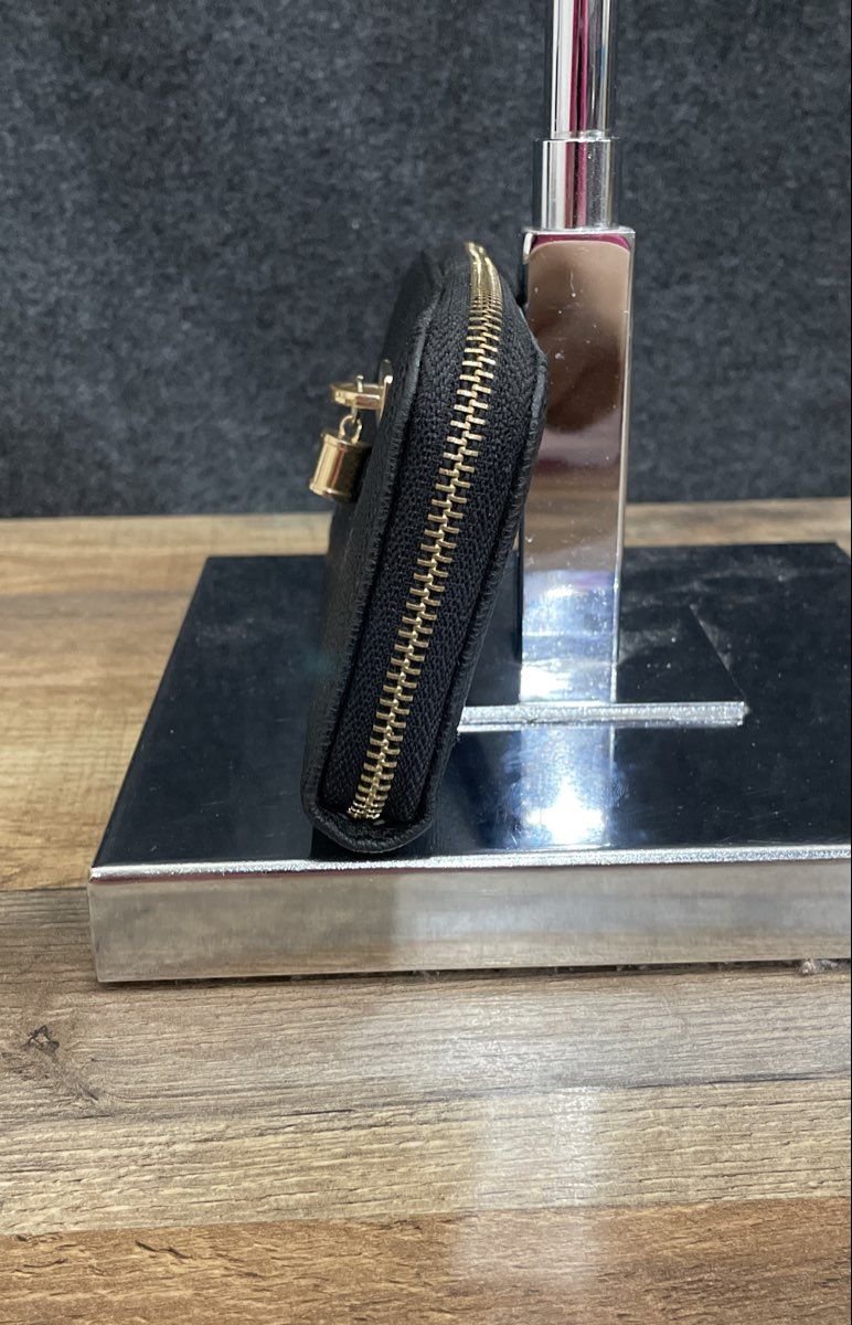 Black Pebbled Leather Zip Around Wallet Gold Lock Charm Clutch Purse 10x13"