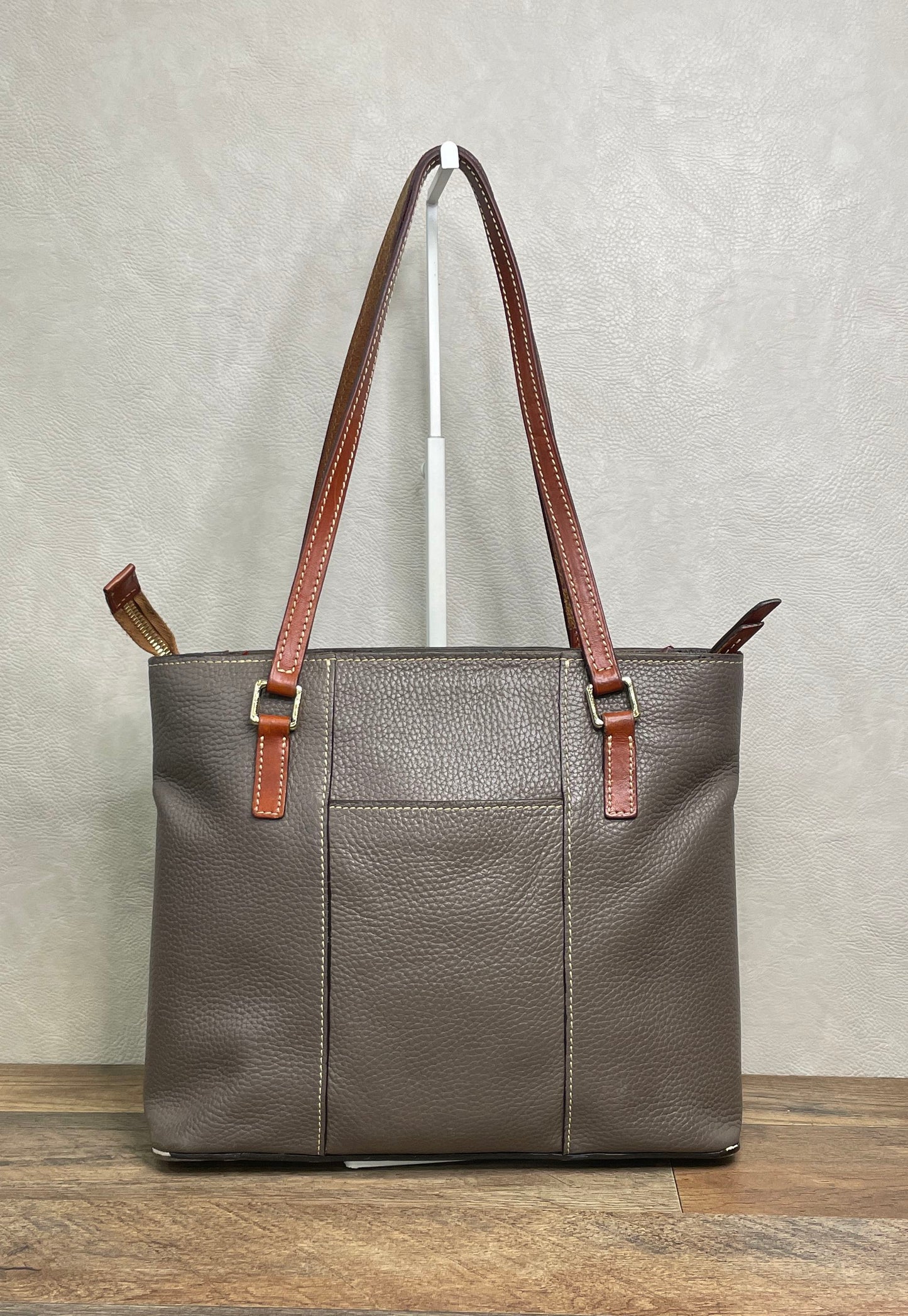 Dooney & Bourke Grey Pebbled Leather Zip Top Tote Bag Tan Trim Gold Hardware