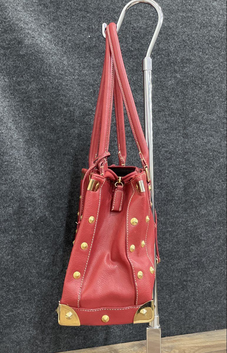 Red Leather Purse Studded Gold Tone Satchel Handbag Tote Vintage Style Bag