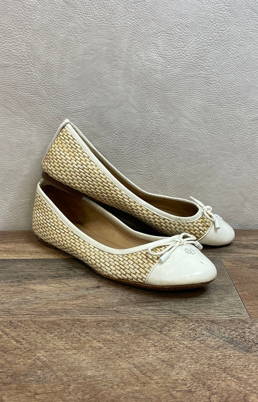 Tory Burch Woven Raffia Patent Leather Bow Ballet Flats Cream Natural Size 6.5