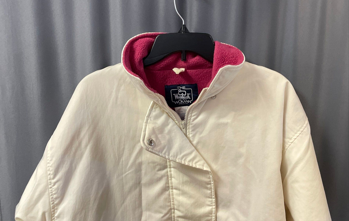 Vintage 90s Woolrich Woman White Pink Fleece Lined Bomber Jacket Made USA Sz M