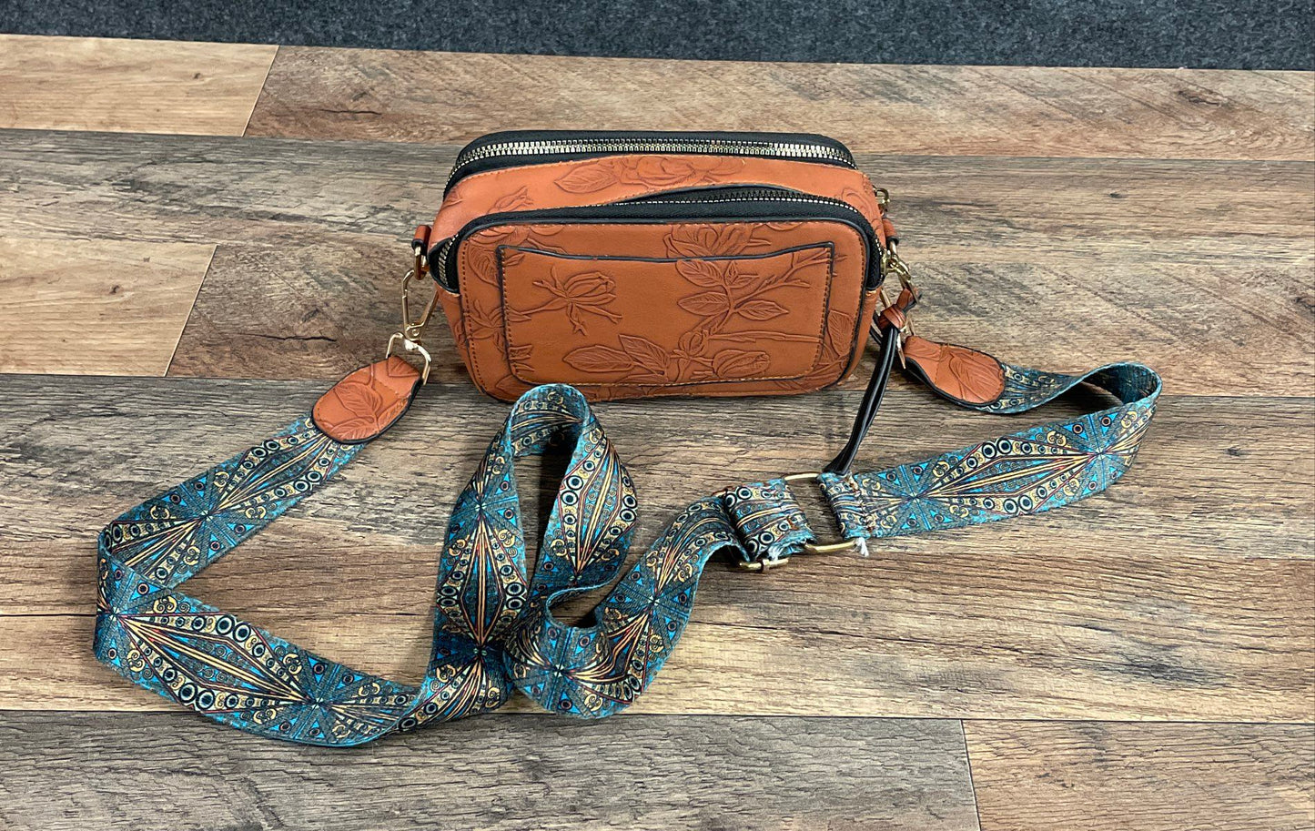 Vintage Brown Floral Embossed Bohemian Crossbody Bag with Patterned Strap