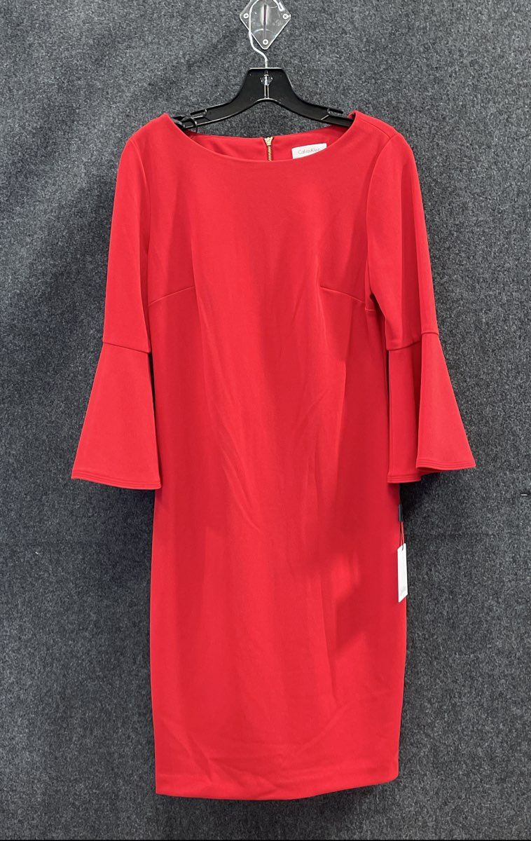 Calvin Klein Women's Red Flared Bell Sleeve Sheath Dress Back Zip NWT Sz 6