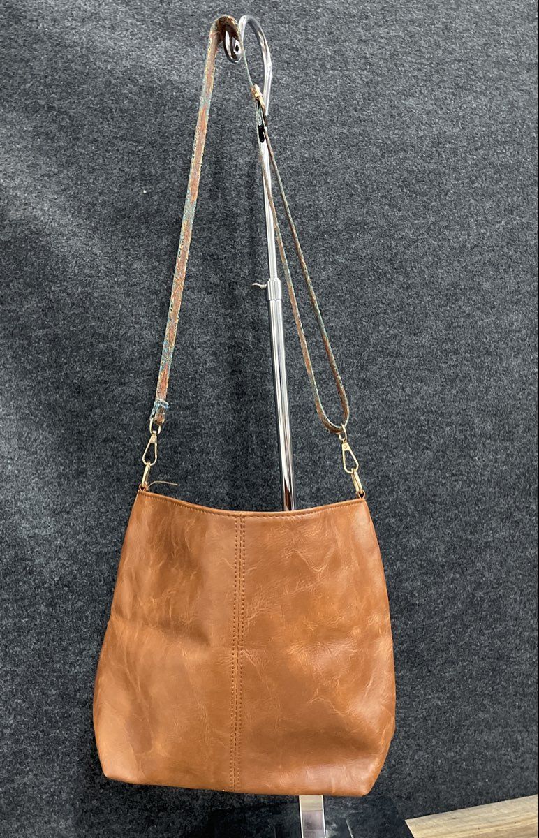 Brown Leather Hobo Shoulder Bag Patterned Guitar Strap Gold Hardware Large