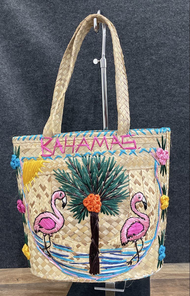 Vintage 80s B.E.M. Wood Design Bahamas Straw Tote Bag Flamingo Palm Tree COA
