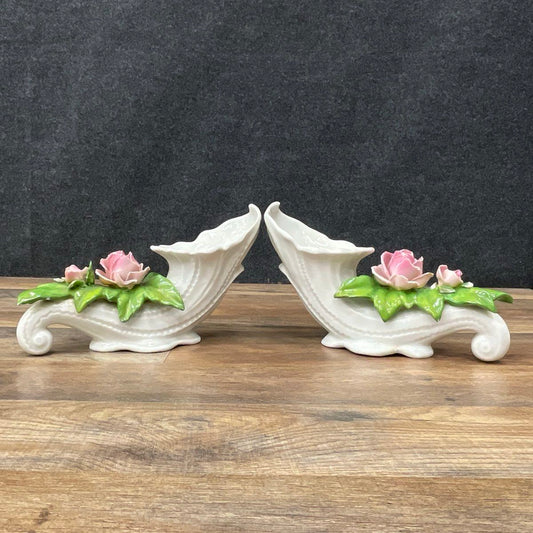(2) Vintage-Dresden-Style Porcelain Floral Cornucopias Vases