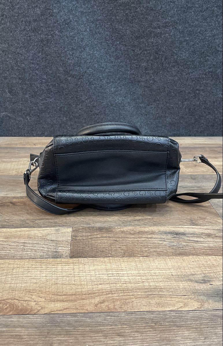 Guess Black Embossed Logo Satchel Handbag Crossbody Silver Hardware