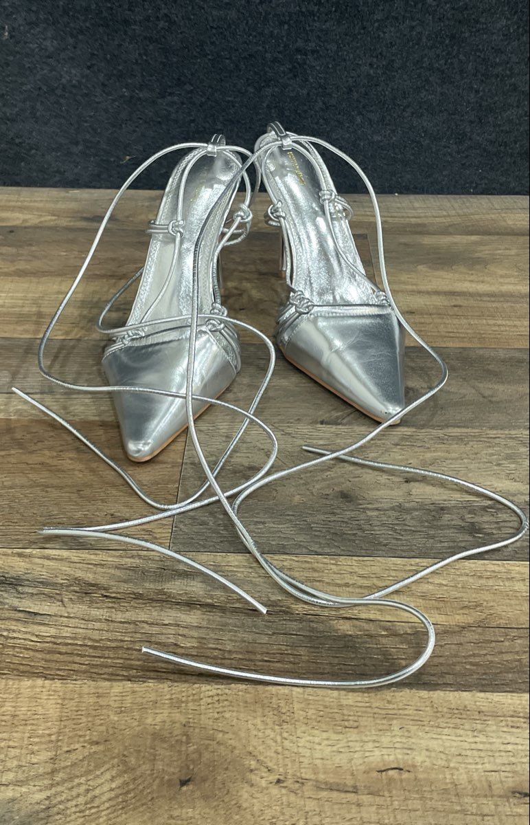 PrettyLittleThing Silver Pointed Toe Strappy Lace Up Heels Women's Size 8