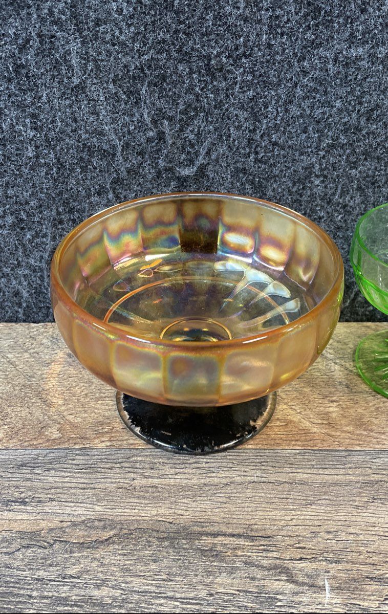 Carnival & Pressed Glass Marigold Green 2 Piece Lot Compote Sherbet Vintage