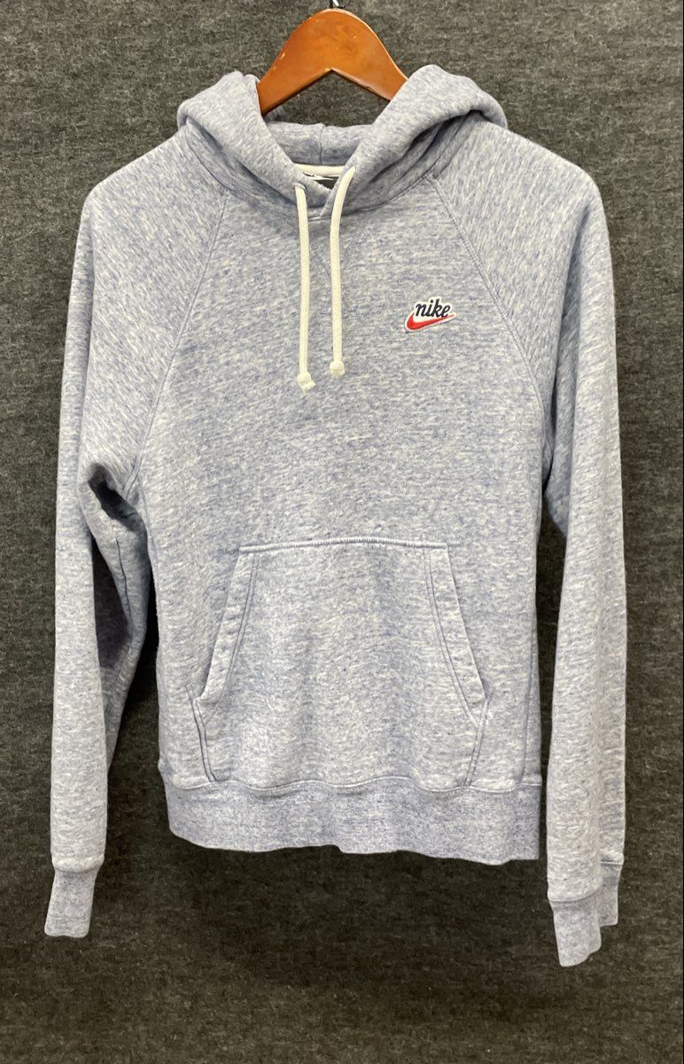 Nike Women's Pullover Hoodie Blue Heather Retro Patch Raglan Sleeve Pouch Sz XS