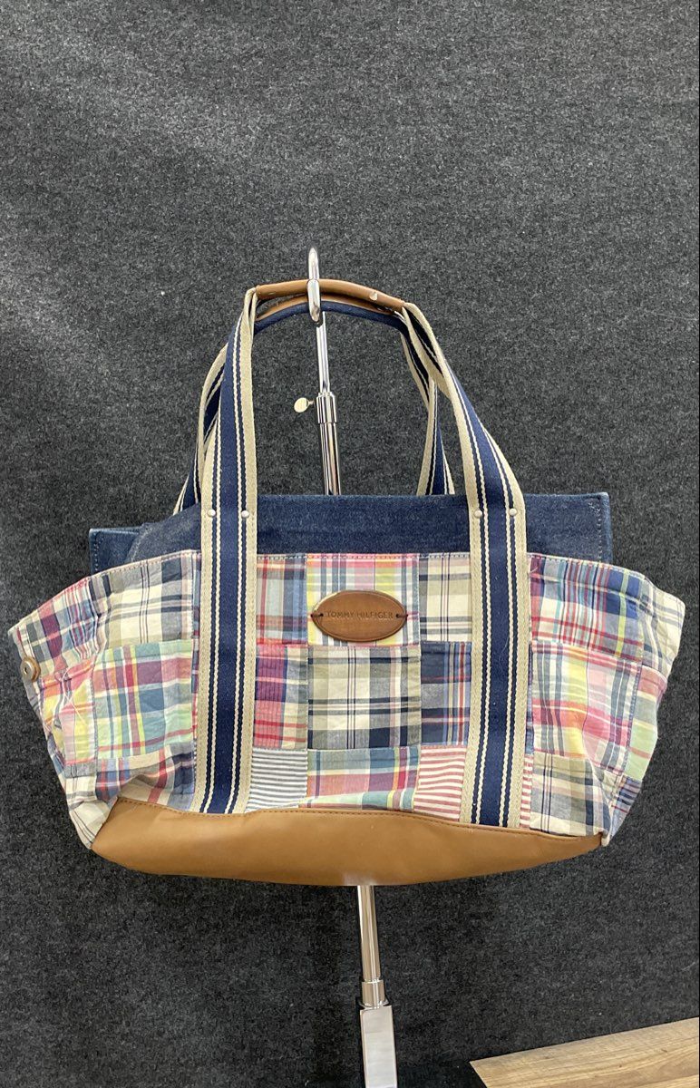 Tommy Hilfiger Multi-Color Patchwork Plaid Denim Tote Bag Large Fabric Purse