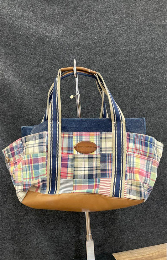 Tommy Hilfiger Multi-Color Patchwork Plaid Denim Tote Bag Large Fabric Purse