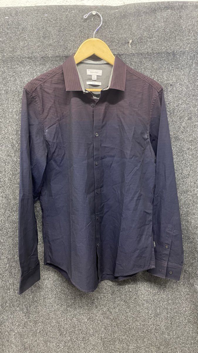 Calvin Klein Men's Slim Fit Long Sleeve Button Up Shirt Navy Grid Cotton Size M