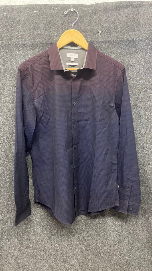 Calvin Klein Men's Slim Fit Long Sleeve Button Up Shirt Navy Grid Cotton Size M