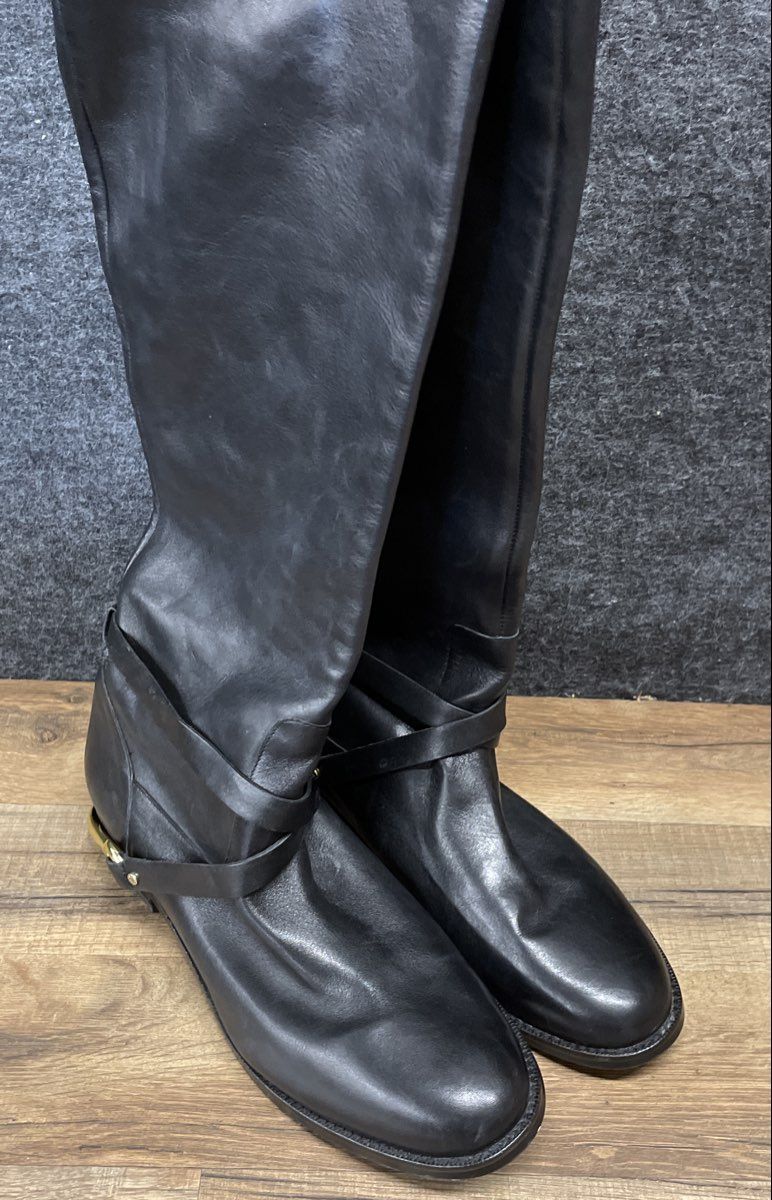 Ralph Lauren Jenny Black Leather Knee High Harness Boots Women's Size 9.5