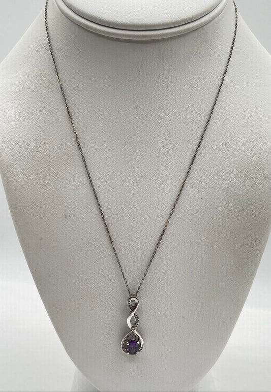 925 Sterling Silver Purple CZ Diamond Accent Infinity Pendant Necklace 3.4g