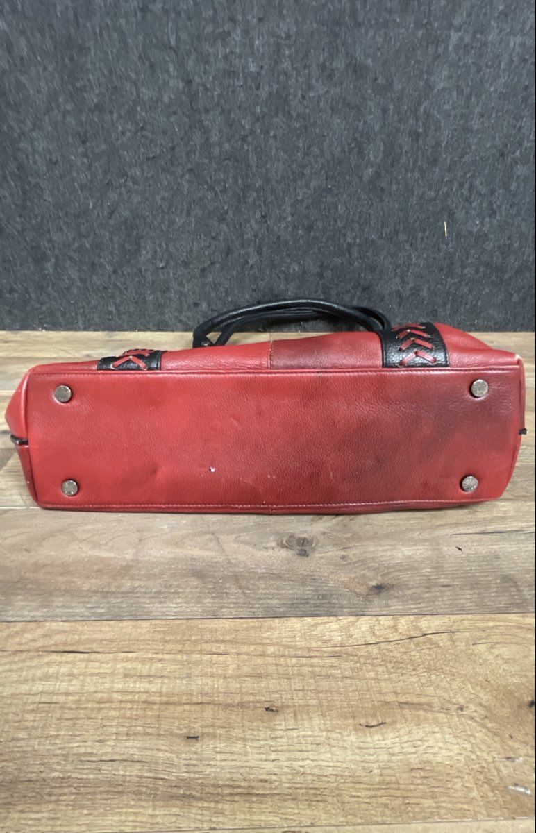 Bessel Red and Black Leather Shoulder Bag Tote Woven Trim Silver Hardware