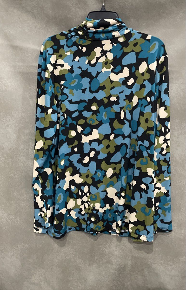 Susan Graver Women's Blue Floral Abstract Mock Neck Long Sleeve Top Size XL