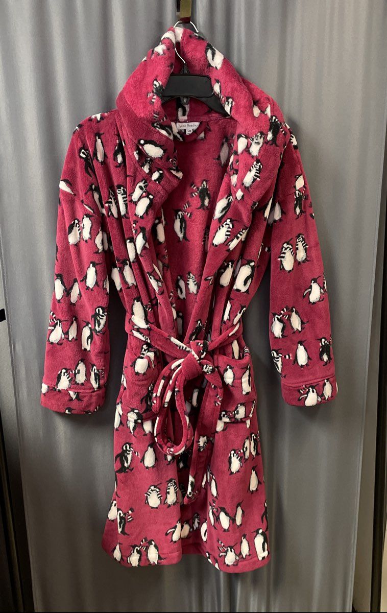 Vera Bradley Burgundy Penguin Print Plush Hooded Robe Sz S/M