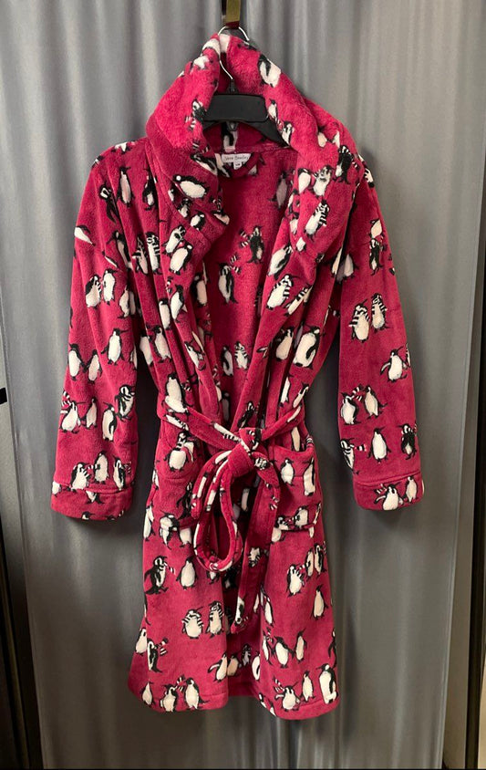 Vera Bradley Burgundy Penguin Print Plush Hooded Robe Sz S/M